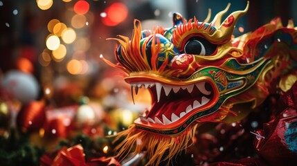 Close up of Chinese Dragon Head performing its traditional dragon dance festival. Chinese New Year celebration 2024.. - obrazy, fototapety, plakaty