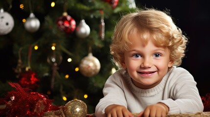 Children Portrait in room with Christmas decorations. Happy smiling kids on background of the Christmas tree. Child with Xmas gift. Happy New Year, Merry X-mas, winter holidays and people concept. .