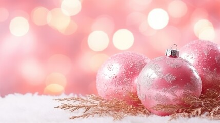 Fototapeta premium Pinkmas concept. Pink Christmas tree branches decorated with ornaments in pink color. Merry Xmas, Happy New Year 2024 in trendy colors. Vibrant colorful background for cards, invitations, greetings.