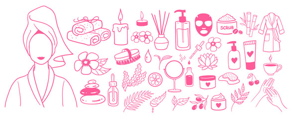 Spa salon accessorises. Vector isolated illustrations doodles colection in pink colors