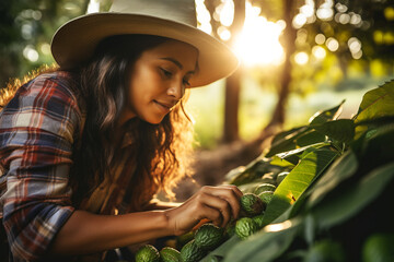 Latin woman farmer harvesting fresh avocados 