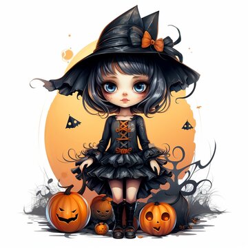 illustration of vector illustration cute halloween little girl big, Generative ai