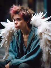 Young sad androgynous angel girl with dyed pink hair and white wings created with Generative AI