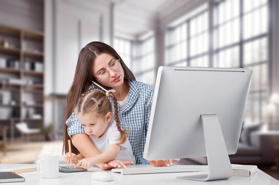 Mom at Work managing business and taking care of daughter, AI generated image