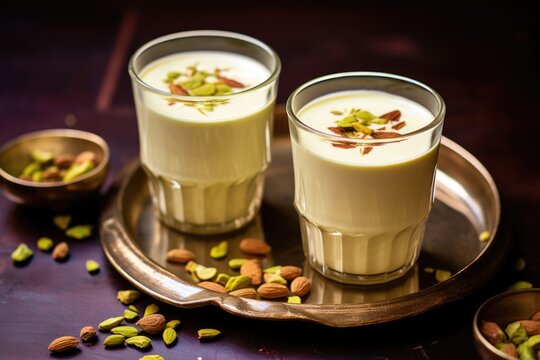 two glasses of thandai with pistachios on the lip