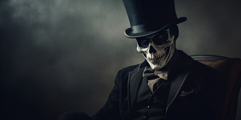  Skeleton Joker Man Makeup in Halloween Parade Portrait of a wicked Halloween witch, Generative AI
