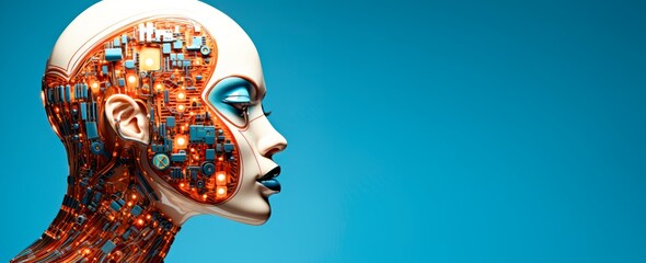 Side view of an abstract futuristic  humanoid robot head with  vibrant neon neural network, representing futuristic technology and artificial intelligence.