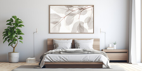 Minimalist Scandinavian bedroom design with white walls and wooden furnitur minimalist bed with neutral-colored bedding interior of a bedroom. Generative AI
