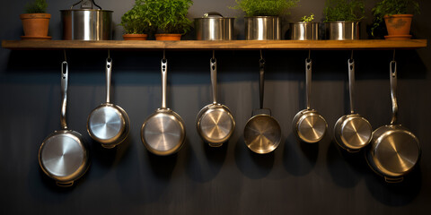 Close up of pans and pots at restaurant kitchen Shiny steel utensils hang in modern kitchen design with plant on the wooden shelf and dark wall background Ai Generative 