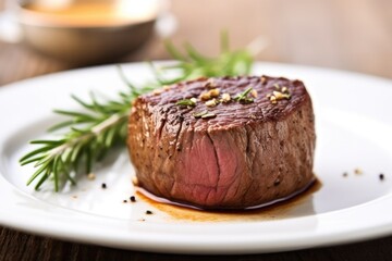 filet mignon on a white plate with sprig of thyme