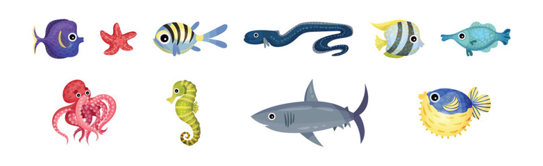 Cute Sea Animals and Underwater Creature with Shark, Seahorse, Blowfish and Octopus Vector Set