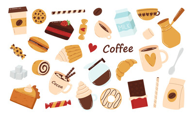 Vector set of coffee and sweets isolated on white background
