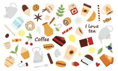 Vector set of coffee, tea and sweets isolated on white background