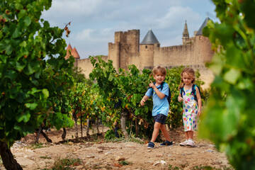 Excited kids point at French castle towers walking in vineyard - obrazy, fototapety, plakaty