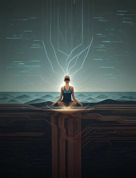 Captivating AI-Generated Digital Art: Person Floating in Water with Dynamic Data Visualizations &ndash; Futuristic Conceptual Design for Modern Technology. Generative AI