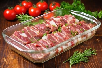 cooked ribs in a glass dish ready for the oven