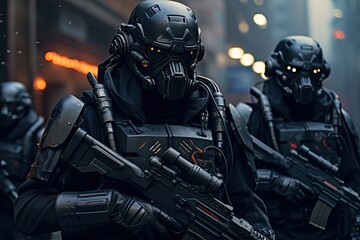Fototapeta premium Group of futuristic soldiers in the street, Urban Enforcers: An image of futuristic soldiers in urban warfare gear, wearing face masks to combat airborne threats, AI Generated