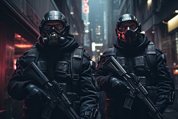 Two special forces soldiers in black uniform and gas mask in the city, Urban Enforcers: An image of futuristic soldiers in urban warfare gear, wearing face masks to combat airborne, AI Generated - obrazy, fototapety, plakaty