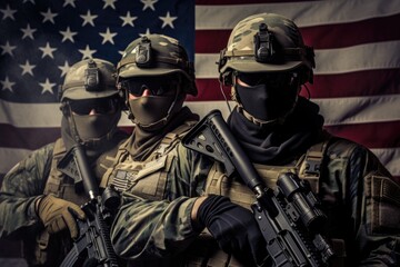 United States of America soldiers with assault rifle and American flag on background, US Army soldiers with weapons and the united states flag on the background, Face covered with, AI Generated - obrazy, fototapety, plakaty