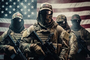 Group of soldiers in military uniform and gas mask on the american flag background, US Army soldiers with weapons and the united states flag on the background, Face covered with a mask, AI Generated - obrazy, fototapety, plakaty