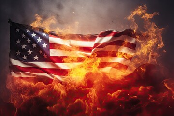 American flag burning in flames on a dark background. 3d illustration, USA vs China Flag on fire, AI Generated
