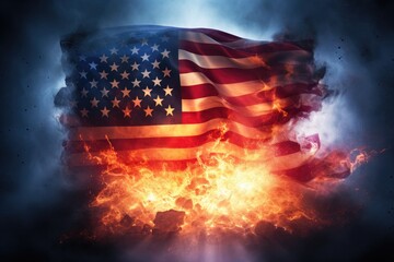 American flag burning in flames and smoke on dark background with copy space, USA vs China Flag on...
