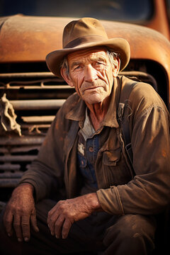 Portrait of an old man with cowboy hat in front of his old rusty pick up truck. 