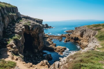 Aerial view of the cliffs on the coast of Brittany, France, View from Cape Kaliakra to an offshore wind farm in Bulgaria, AI Generated