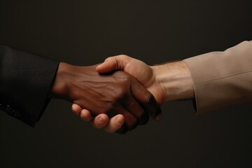 Close-up of Diverse hands in suits reach out, symbolising unity and respect in a corporate context, against a neutral background with clean lighting - obrazy, fototapety, plakaty