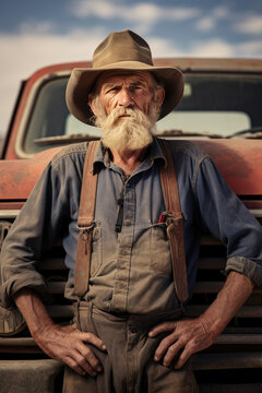 Portrait of an old man with cowboy hat in front of his old rusty pick up truck. 