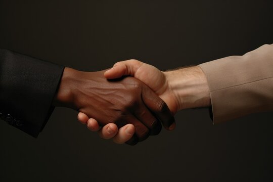 Close-up of Diverse hands in suits reach out, symbolising unity and respect in a corporate context, against a neutral background with clean lighting