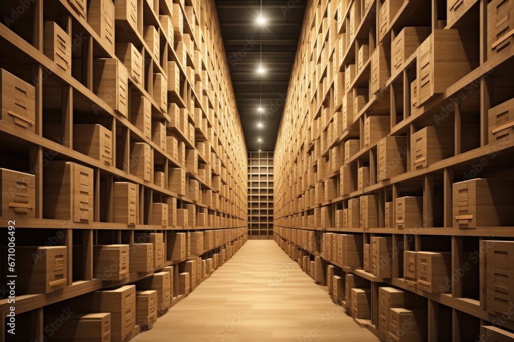 Poster 3d rendering of a warehouse with rows of wooden boxes in a row, warehouse or warehouse with rows of 