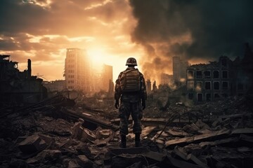 Airsoft soldier in action against the background of the destroyed city, War Concept. Military man in uniform of World War II against the background of destroyed buildings, AI Generated - obrazy, fototapety, plakaty