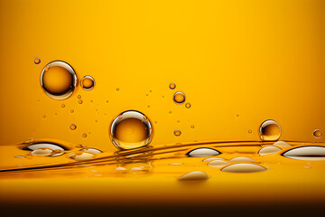 Close-up of yellow water drops, oil  on a monochrome  background, generated ai