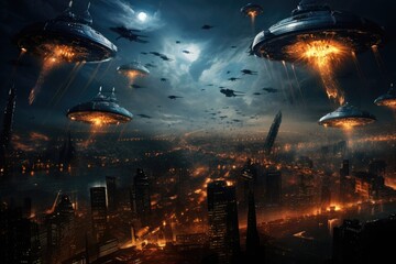 Flying saucers over city at night. Mixed media. Mixed media, war of the world with gigantic spaceships above a city, tentacles hanging down from the saucer-shaped spaceships, AI Generated