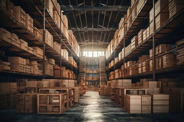 Fototapeta premium Warehouse interior with rows of wooden boxes. 3D Rendering, Warehouse or warehouse with rows of shelves and rows of wooden boxes, AI Generated