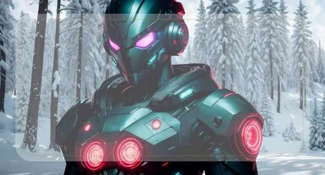 Alien cyborg on the background of winter snowy forest. White screen saver for text, description, title. Video futage for gamer theme. High-tech cyborg.