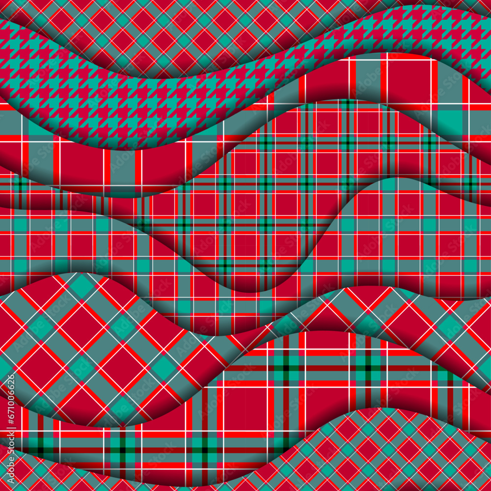 Poster Patchwork textile pattern. Seamless quilting design background. Merry Christmas cozy pattern.