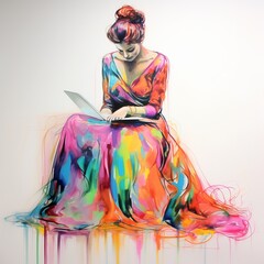 illustration of crayon drawing a beautiful woman sitting with a laptop, Generative ai