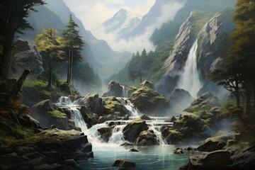 Naklejka na ściany i meble Waterfall in the middle of mountains with fog, natural landscape background, waterfall in the mountains, AI Generated