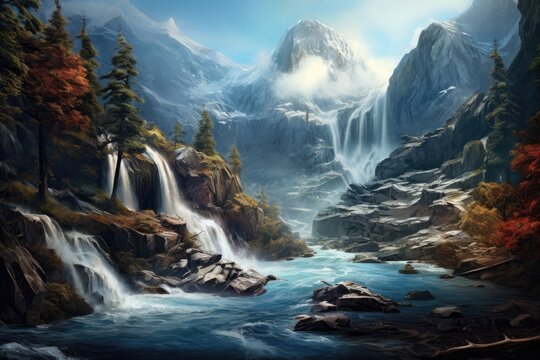 Fantasy landscape with waterfall in the mountains. 3d illustration, waterfall in the mountains, AI Generated © Ifti Digital