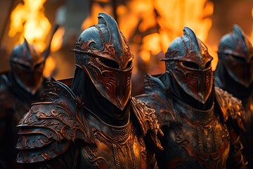 Medieval knights in armor on fire background. Selective focus, Witness the Warriors of Ember, masked warriors in fiery armor, each wielding a unique weapon, dedicated to justice, AI Generated