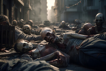 Zombie horde sleeping on a city street at morning. Not based on any actual person, scene or pattern.