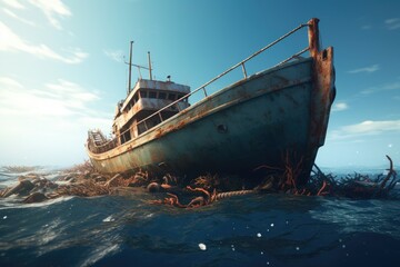 Fishing boat wreck in the sea with blue sky. 3d rendering, Wreck of a fishing boat in the sea. 3d render, AI Generated