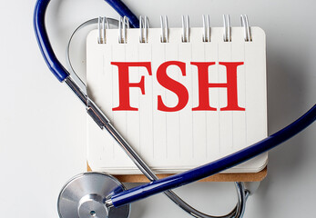 FSH word on notebook with medical equipment on background