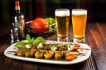 saison beer paired with sweet basil marinated shrimp skewers