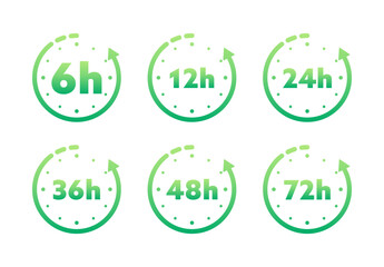 12, 24, 36, 48 and 72 hours clock arrow. Working and Delivery service effect time icons. Order execution. Vector stock illustration