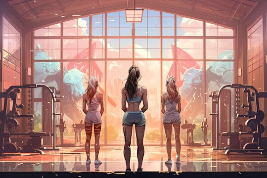 Back view of young women in sportswear standing in gym, Women doing battle workouts with rope in a gym, top section cropped, no face revealed, detailed muscles, AI Generated