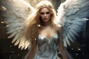 Beautiful blonde woman with angel wings. Fantasy portrait of a beautiful young woman with white...