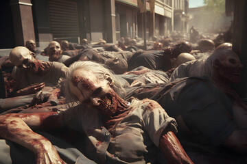 Zombie horde sleeping on a city street at day time. Not based on any actual person, scene or pattern.